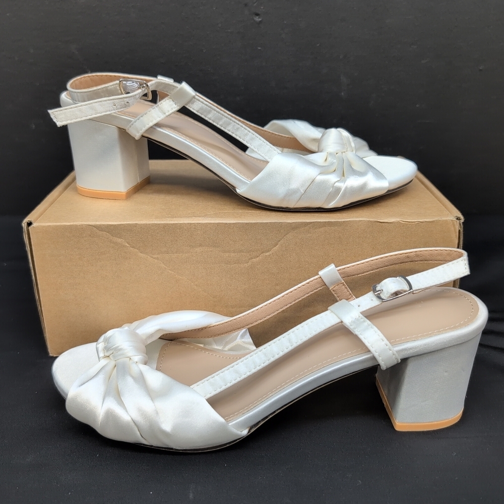 Shein Bowknot Slingback Chunky Heel Womens Party Sandals EU 39 White